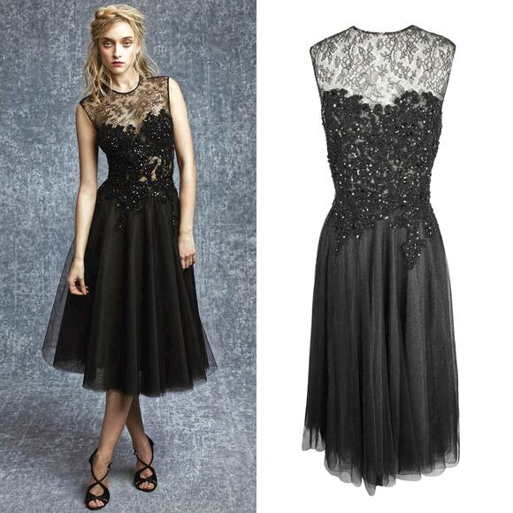 Reem Acra Black Lace Sequin Bodice Tulle Midi Dress- Size 6 - Picture 1 of 9